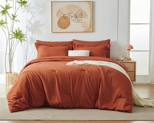 King Comforter Set Burnt Orange, 7 Pieces Bed in a Bag Terracotta Comforter S... - Picture 5 of 10