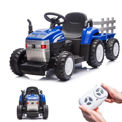 12V Ride on Tractor with Trailer for Kids Toddler Electric Car Toy Remote Blue