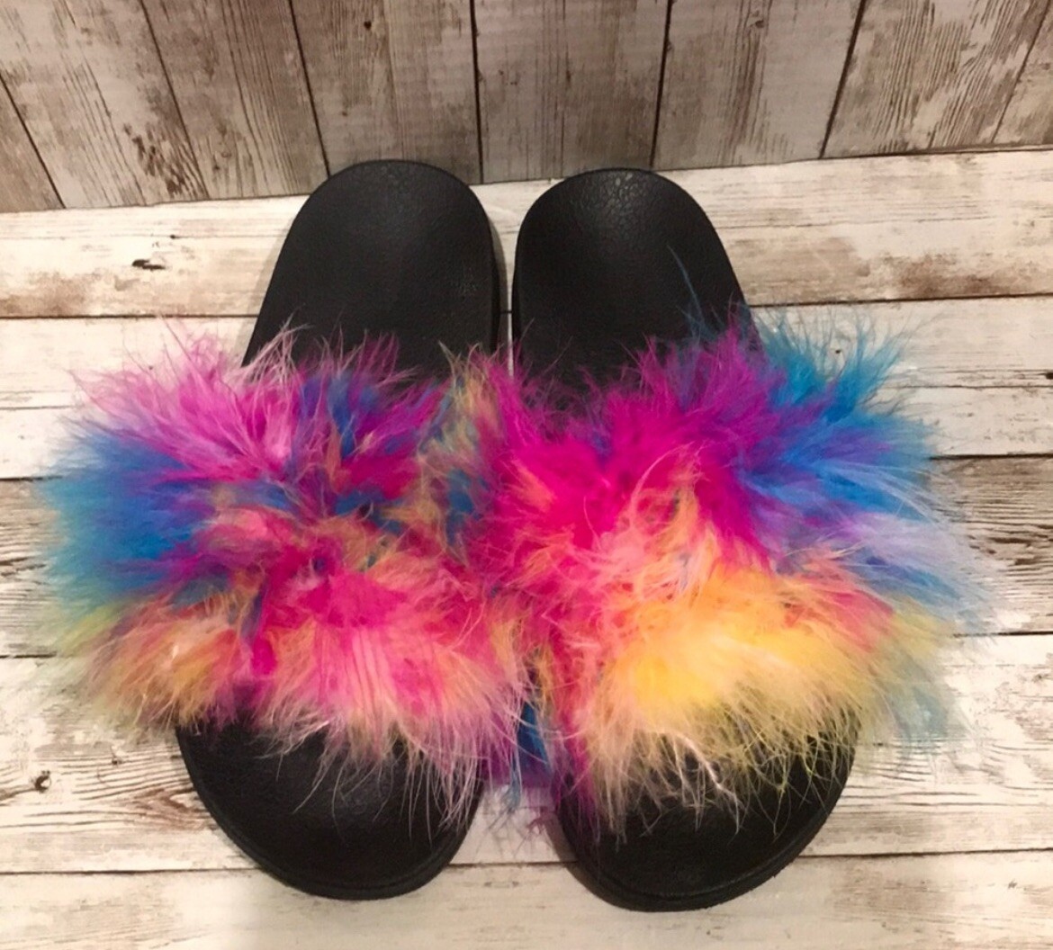 SAOLA Ciabatte colorate in piuma suola in gomma nera taglia 7 cotone caramelle fuochi d'artificio