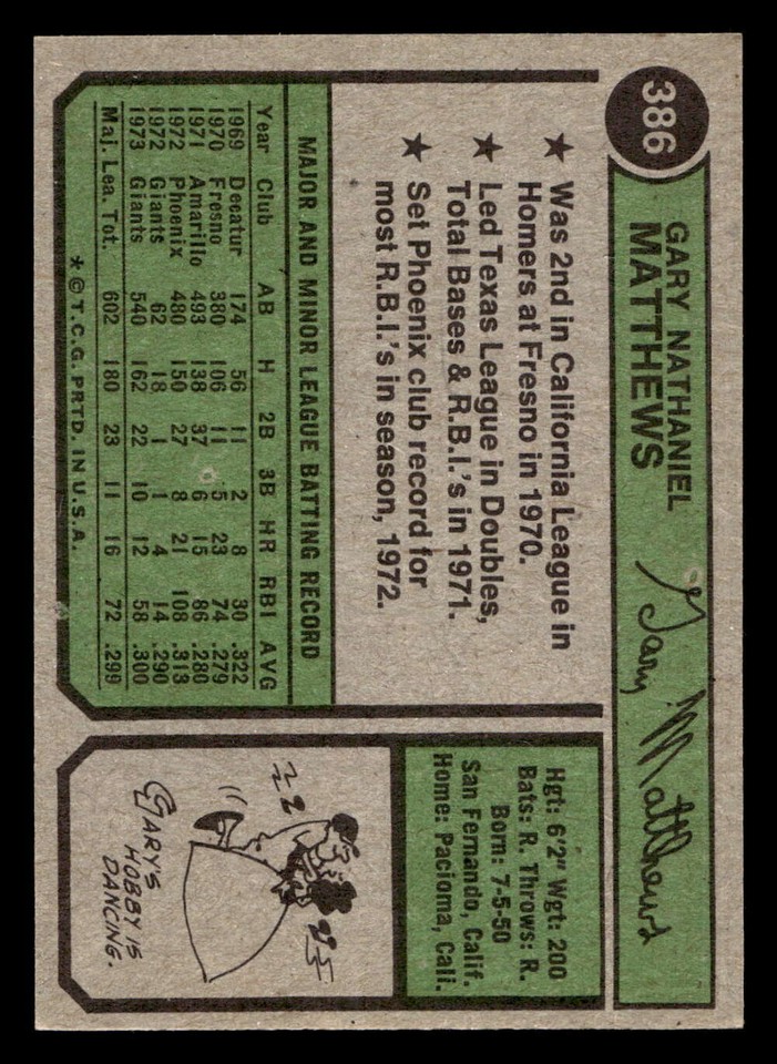 1974 Topps 386 Gary Matthews Near Mint Giants eBay