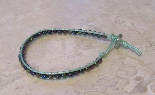 Iridescent Bracelet, Iridescent Purple, Green, Pink, Blue Glass on Mint Leather - Picture 2 of 6