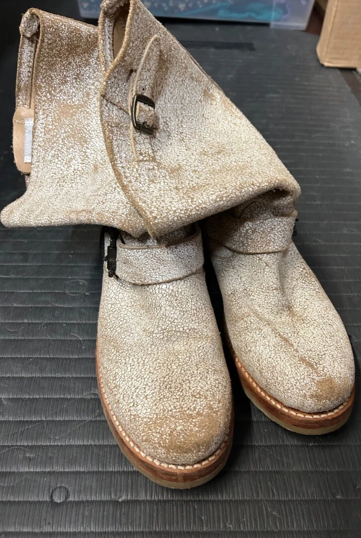 Frye White Crack Distressed Veronica Midi Leather Engineer Boots
