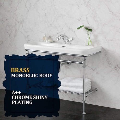 Traditional Victorian Bathroom Monobloc Basin Sink Mixer Taps & Waste Twin Lever - Picture 2 of 9