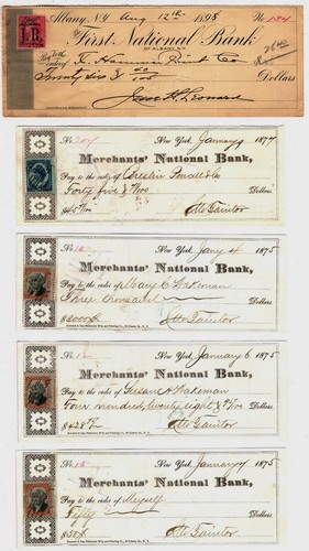 4 Merchants' National Bank Checks with Tax Stamps 1875-1877 +1 Third Group