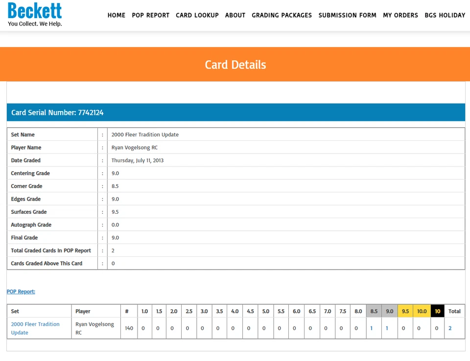 POP 1: Ryan Vogelsong RC BGS 9: 2000 Fleer Tradition Update Rookie Gisto #U140 - Image 4 of 4