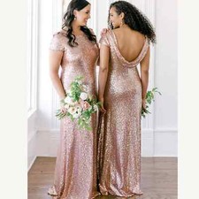 Revelry Chloe Sequin Maxi Low Back Dress Sz 12 in Rose Gold, Brides Maid