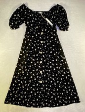 Crescent Midi Dress M Boho Daisies on Black Smock Back Button Tied Front NEW