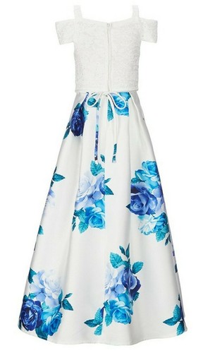 Xtraordinary Big Girl's Cold-Shoulder Floral Mikado Fanciful Long Gown-10 - Picture 3 of 4