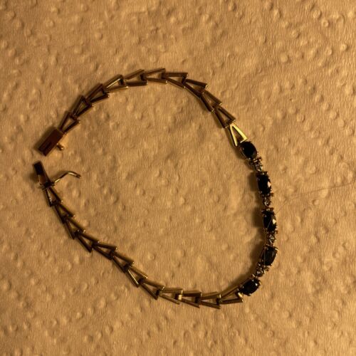 10K Solid Yellow Gold Oval Blue Sapphire & Diamond Tennis Bracelet 7” Delicate - Picture 4 of 8
