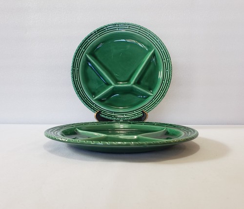 Sarreguemines Plates 9" SGN23 Majolica Green Divided Fondue Vintage Set Of 2 - Picture 2 of 10