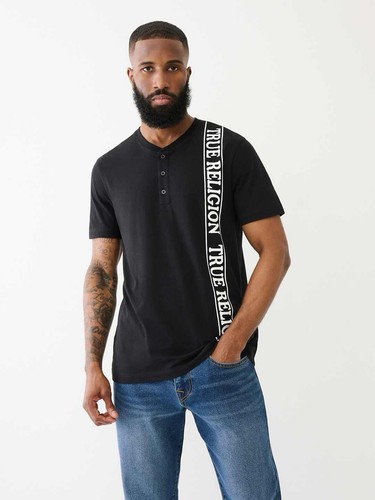 True Religion Men's Size XL Side Panel Print Logo Short Sleeve Henley T-Shirt
