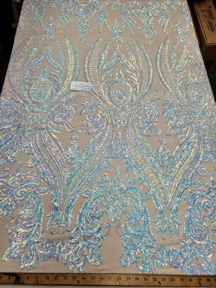 Tecido de lantejoulas de malha de elastano de náilon elástico azul/nude iridescente/design de ampulheta" - Imagem 3 de 4