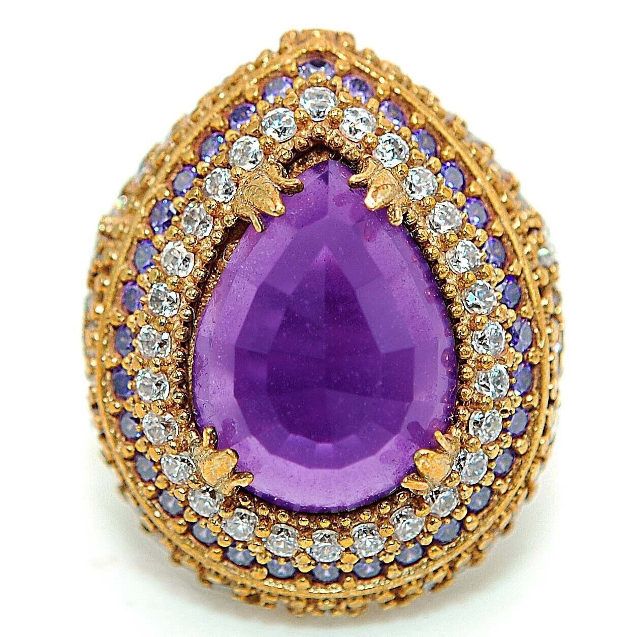 15CT Amethyst & Topaz Ottoman Empire Style 925 Sterling Silver Ring Size 8 HB2-8