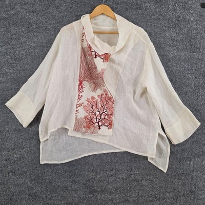 Igor Dobranic Blouse Medium Linen White Coral Print Beach Resort Art Lagenlook