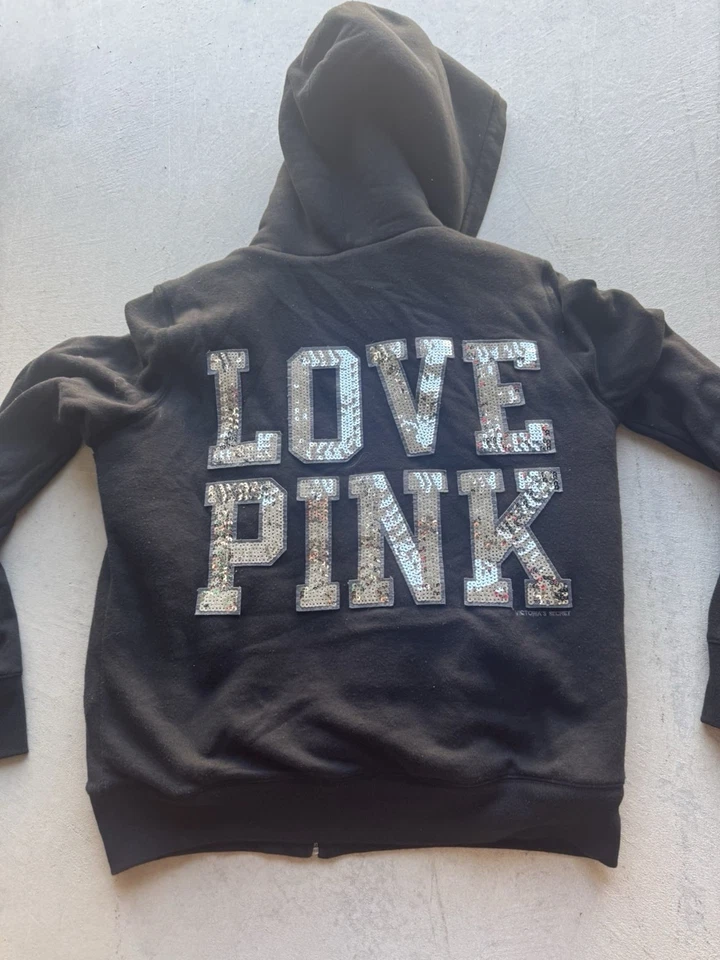 Victoria’s Secret PINK Black Zip Hoodie Women’s Large Sequin Heart Sherpa - Image 2 of 4