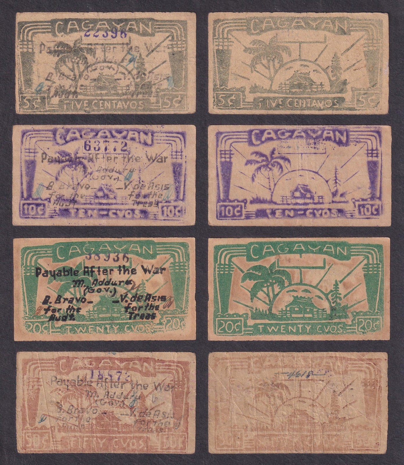 Philippine CAGAYAN 5, 10, 20 & 50 centavos Emergency Certificates WW2 Banknote