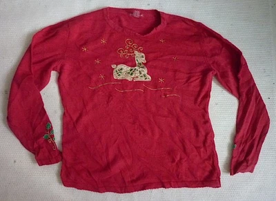 Merry & Bright pull vintage rouge fêtes Noël cerf L - Photo 1/4