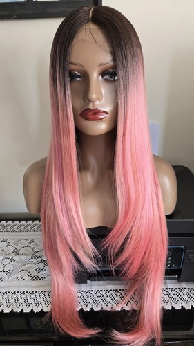 Ombre Pink Straight Long Hair Synthetic Lace Wig for Women Pink Straight wig - Picture 2 of 8