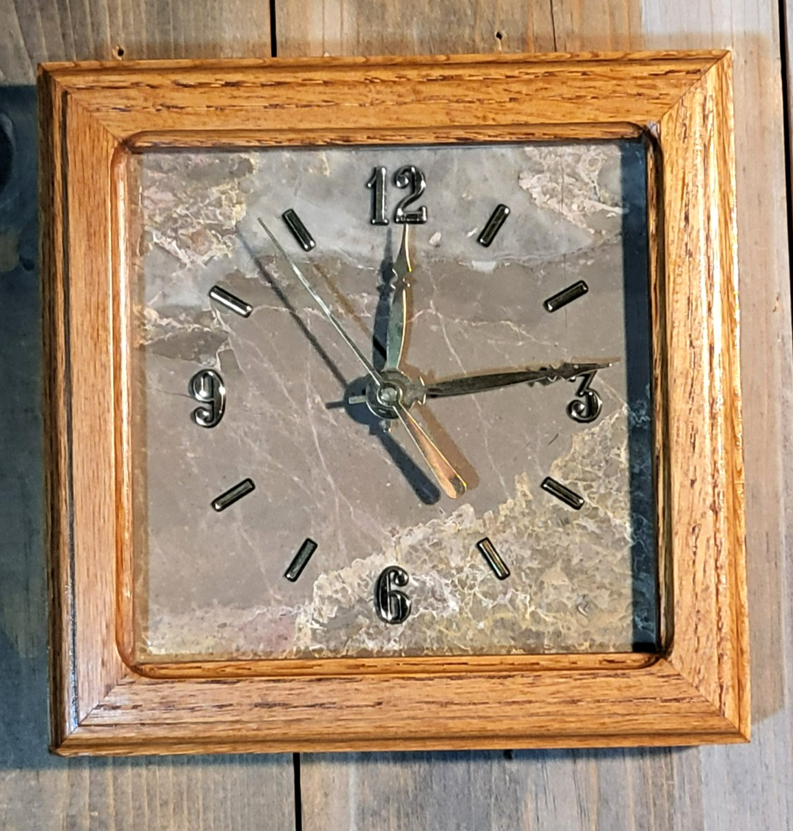 Wall Clock Gray Marble Onyx Face Working - Oak Frame Quartz Battery