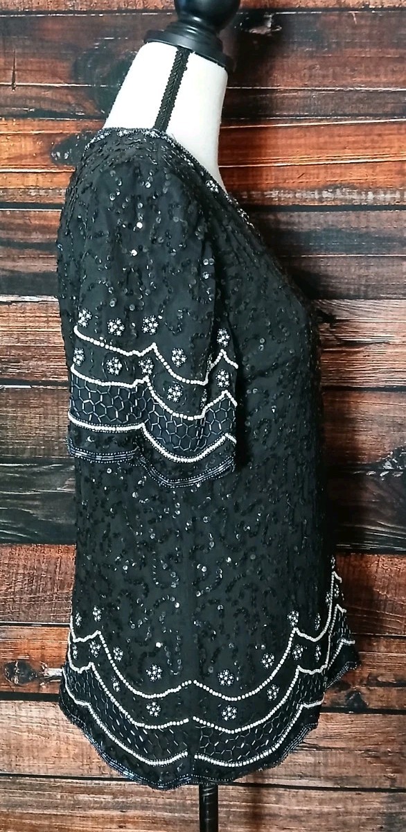 Laurence Kazar Vintage Top Size M 100% Silk Beaded Sequin Black Lined Blouse 