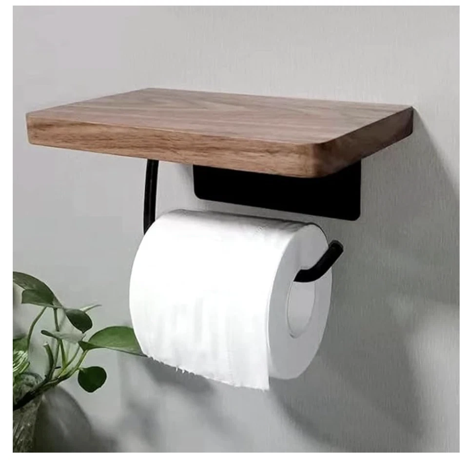Soporte de papel higiénico de madera para montaje en pared con estante 2 colores Foto 3 de 4