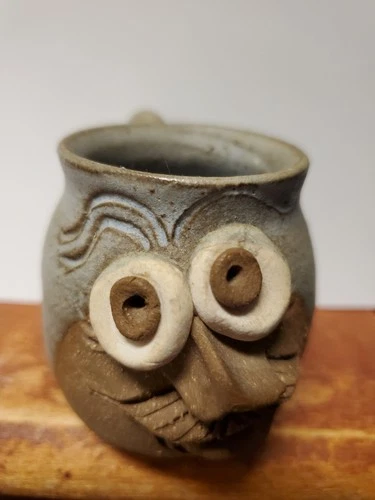 Ugly Funny 3D Face Mug Pottery Handmade Stoneware, Mustache, Signed, 2.5" high