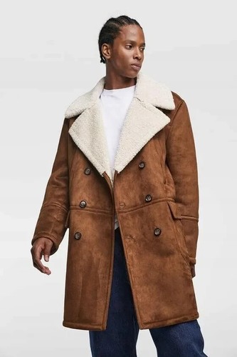 ZARA MAN MEN'S BROWN CAMEL SHEARLING COAT JACKET SOLD OUT SIZE L - Picture 8 of 13