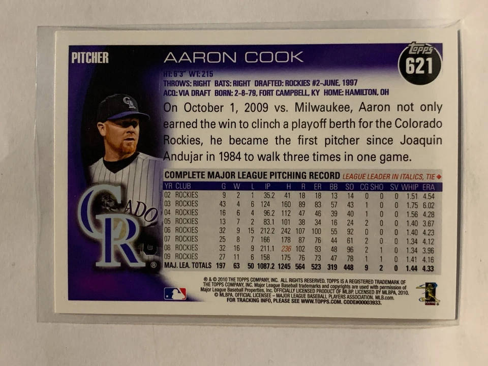 #621 Aaron Cook Colorado Rockies 2010 Topps Baseball Card - Image 2 of 2