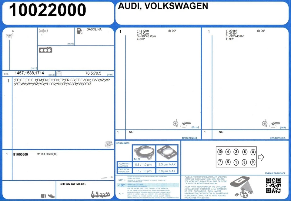 Juego de juntas de culata AUDI 4000 1.6 110 YP (1979-1983) Foto 2 de 2