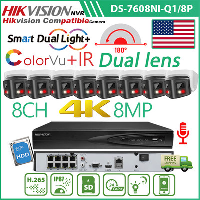 4K 8MP Hikvision 8CH POE NVR 180° Colorvu+IR Lens Compatible Camera System Lot