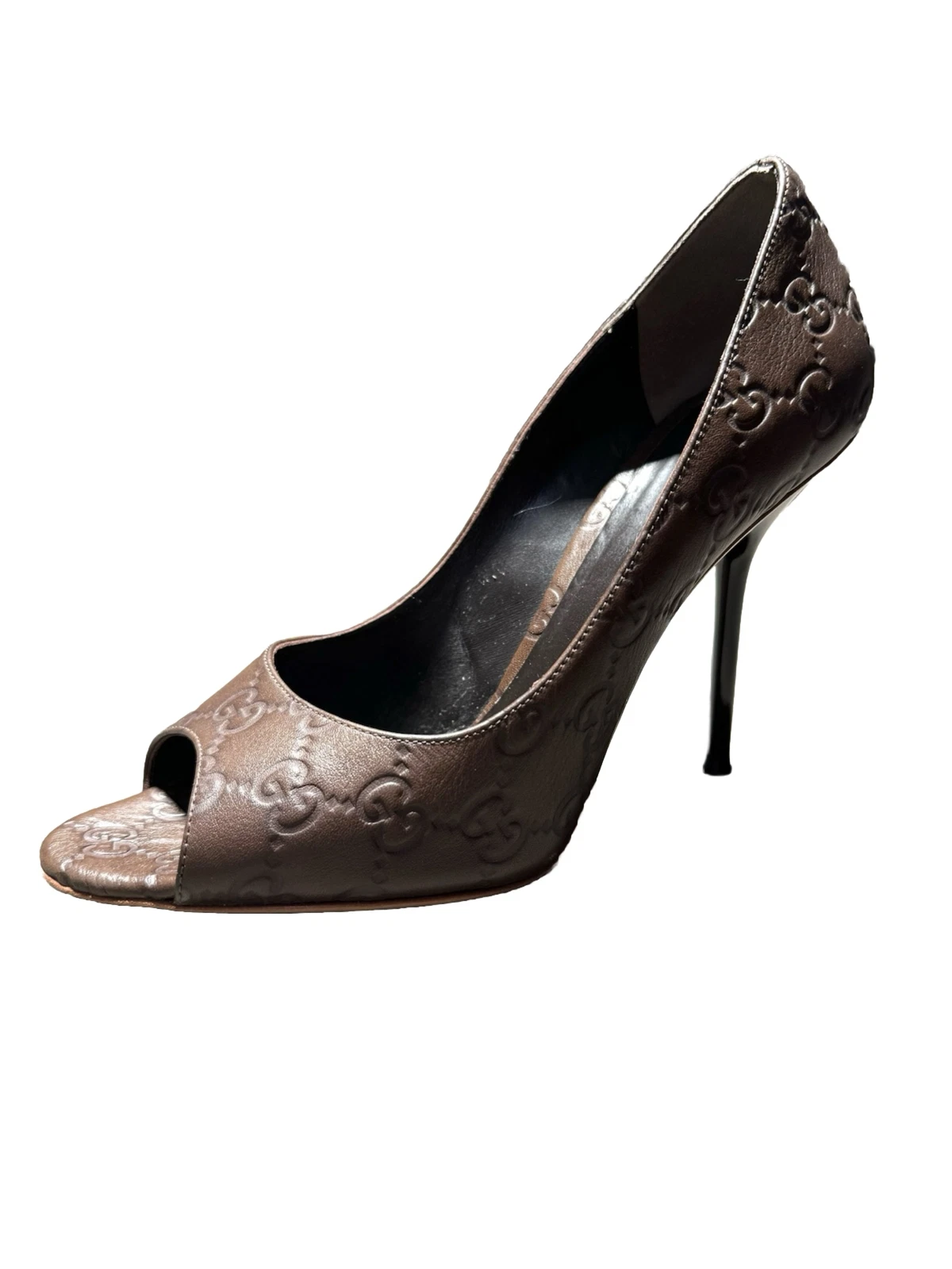 Chaussures Gucci Guccisima logo pompe / orteil peep marron monogramme 38,5 États Unis 8,5