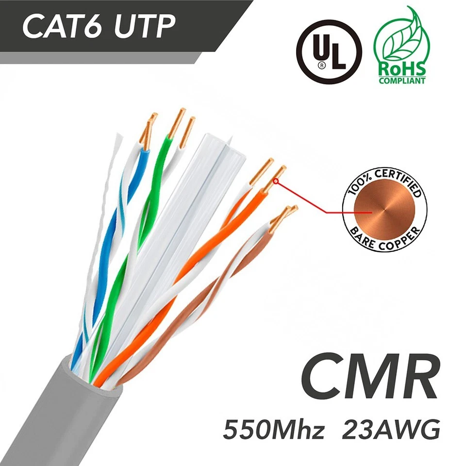 1000FT CAT6 Network LAN Ethernet UTP Bulk Cable Solid Copper Wire 23AWG Gray - Image 2 of 4