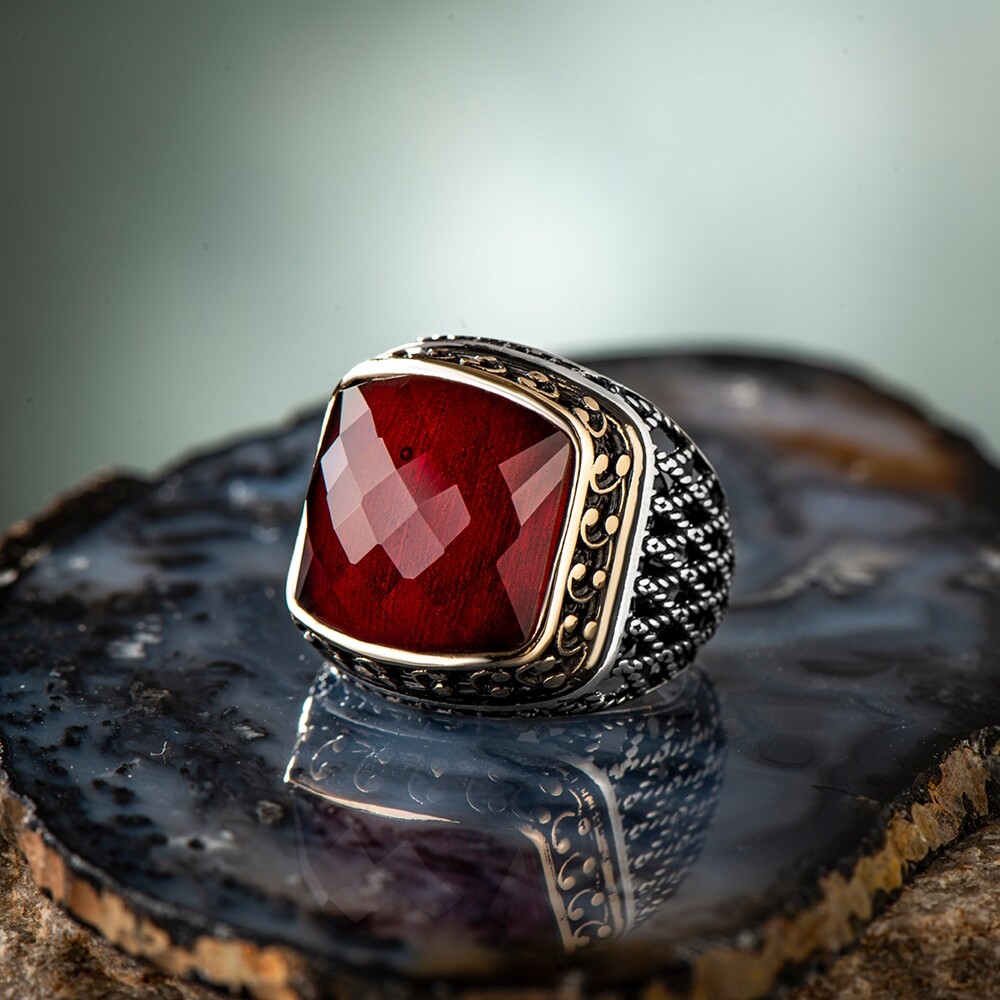 Solid 925 Sterling Silver Filigree Design Red Zircon Stone