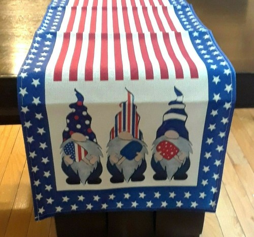 4th of July Table Runner Canvas Extra Long 106" x 13" Gnomes Stars & Stripes New