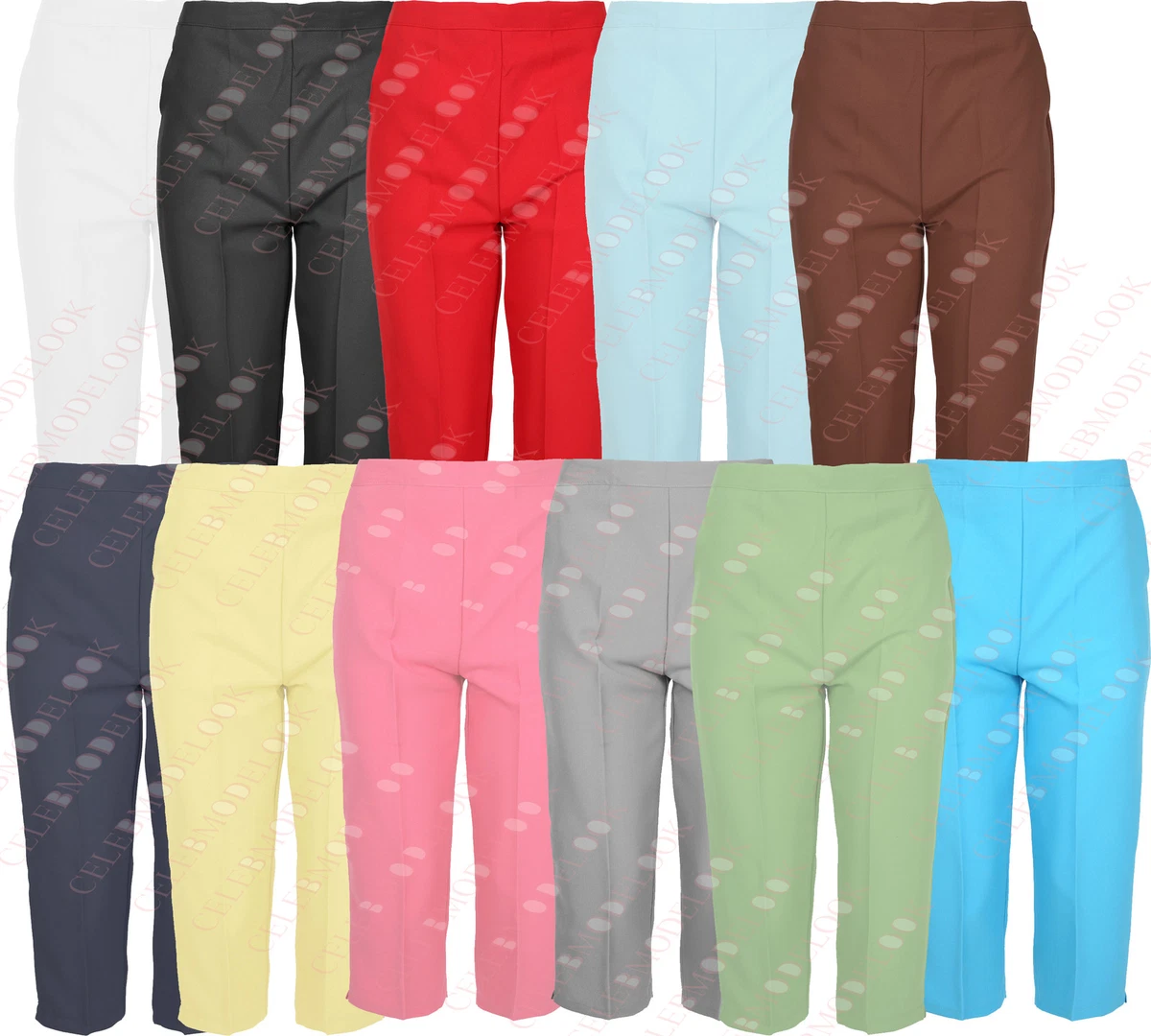 TROUSERS PANTS PLUS BIG SIZE HALF ELASTICATED LADIES 3 4 THREE