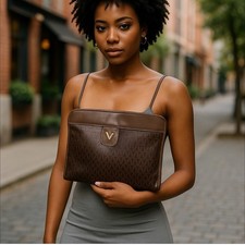 Mario Valentino classic Brown Leather Monogram Clutch Bag Purses authentic