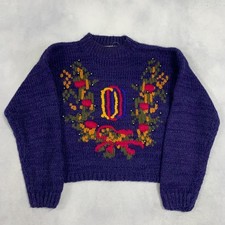 Vintage Knitted Jumper Embroidered Flower Patterned Slightly Cropped Chunky