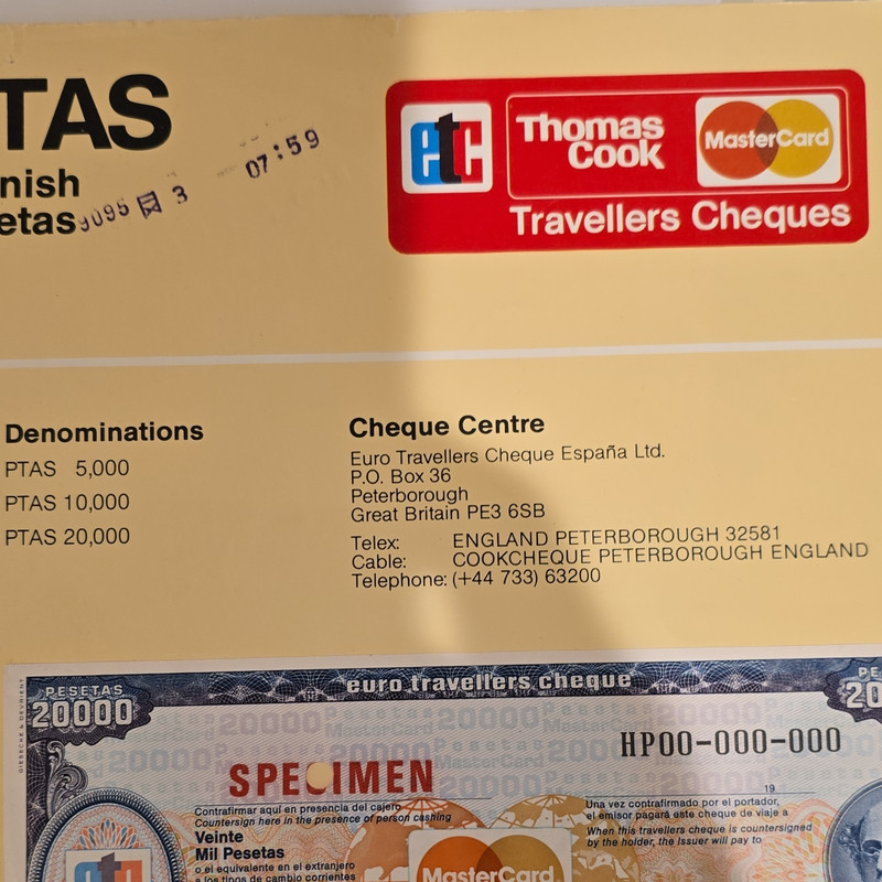 Thomas Cook MasterCard Travellers Cheque Specimen Spanish Pesetas PTAS 20,000