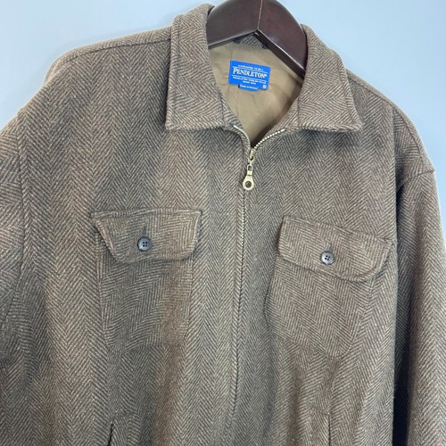 Vtg Pendleton Men's XL Lined Wool zip Brown Herringbone Jacket Pockets Preppy - Picture 2 of 14