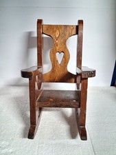 Vintage Wooden Doll Rocking Chair Solid Wood High Back Heart Cut Out 14" H