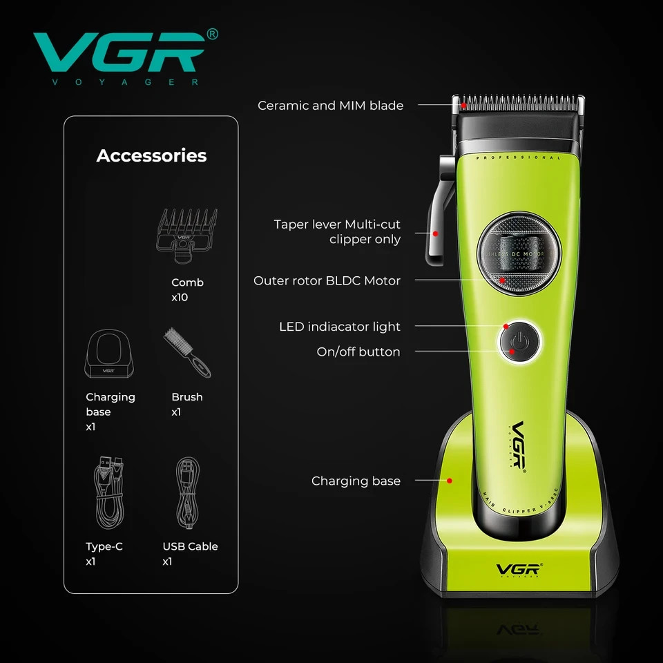 VGR Clippers Professional Hair Cutting Machine Brushless Motor