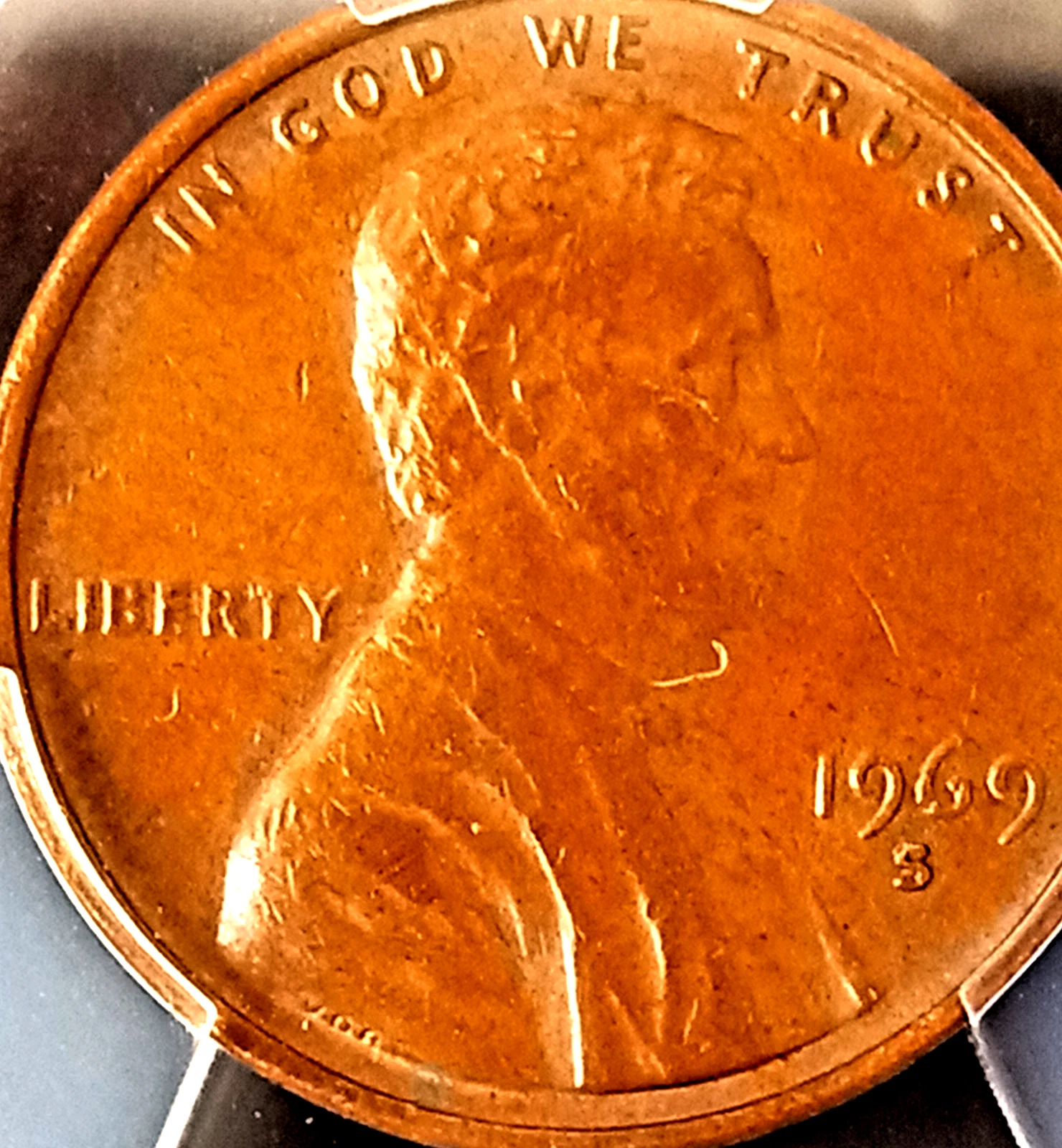 1969 S Lincoln Cent  RB graded AU55