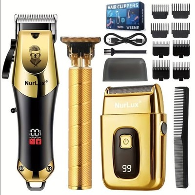Set of Mens Professional Gold Hair Clippers And Trimmers Wireless USB Charging
