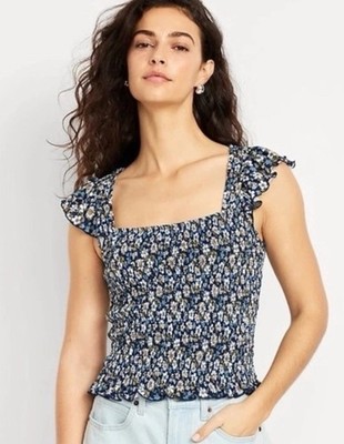 Old Navy Floral Flutter Sleeve Square Neck Smocked Top Blouse L Boho Cottagecore