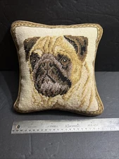 Vintage Handmade Wool 8”x 8” Needlepoint Pug Dog Throw Decorative Pillow