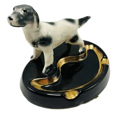 English Setter Dog ASHTRAY Figurine Pointer Vintage MCM Black White Ceramic 7"
