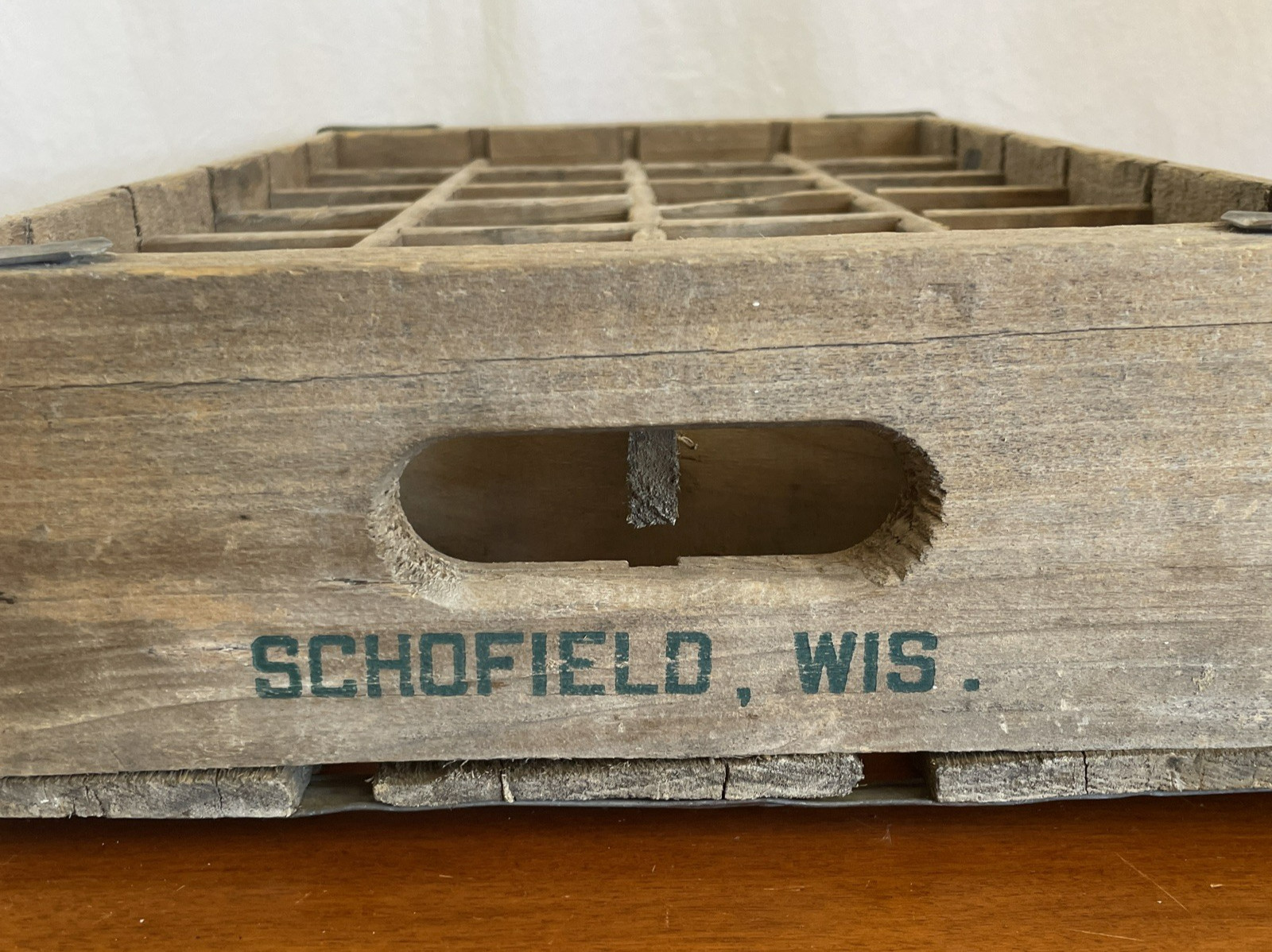 VTG Wooden Sun Drop Cola Soda Bottle Crate Schofield Wisconsin Wood Metal Box