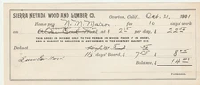 Pay receipt- Sierra Nevada Wood & Lumber Co. Overton, California 1901