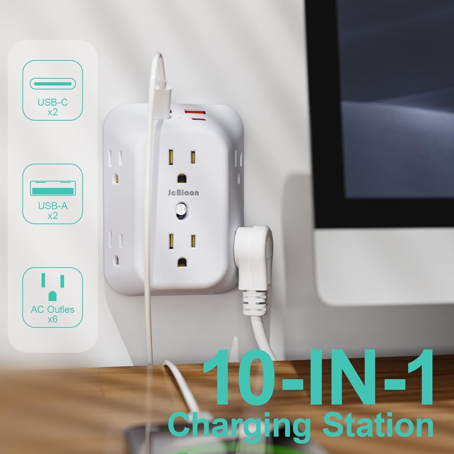 Multi Plug Wall Outlets, 6-Port Outlet Extender with 4 Charging USB White 