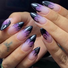 24pcs Halloween Press-On Nails Medium Almond Purple and Black Gradient with F...